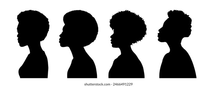 Conjunto de silueta de mujer joven perfil de la cara, mujeres negras - ilustración de Vector