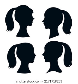 Set Silhouette of young womens in profile with ponytail hairstyle.Vector illustration.Default avatar profile icon.EPS10.