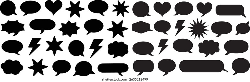 Set of silhouetted chat boxes, outlined speech bubbles, silhouette boxes, and comic clouds with themed shapes such as hearts, stars, and thunderbolts.