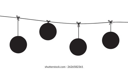 Set of silhouetted Christmas ornaments tied on long string on isolated on white background. Festive and holiday elements. Perfect for holiday cards, graphic design, and creative projects. EPS 10.