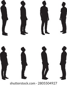 Set of silhouetted men standing in different positions looking upwards, isolated on white