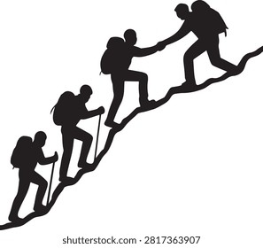 set of silhouetted team of hikers climbing up a mountain.