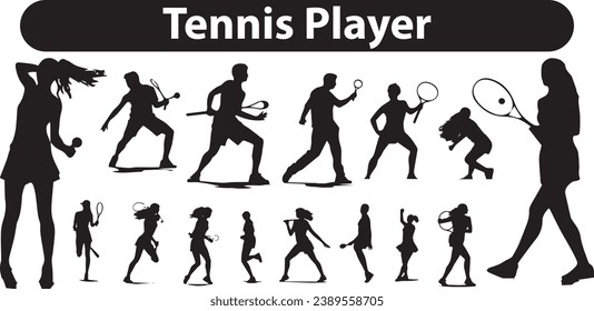 Set of silhouetted tennis player illustrations in various poses, showcasing the sport's action-packed nature and energy