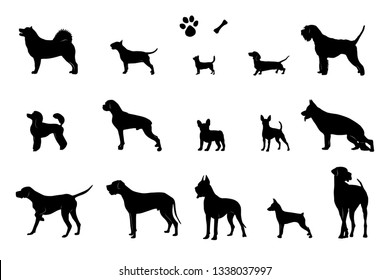 The set of silhouettes of 15 different dogs, bone and footprint. Vector.