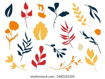 Set of silhouettes abstract flowers in flat cartoon design. Beautifully drawn botanical silhouettes depict various leaves, flowers and branches in vibrant colors. Vector illustration.