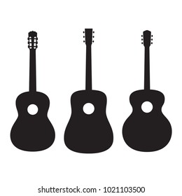 Set of silhouettes acoustic guitars isolated on white background. Popular types of guitars housing. Orchestra model. Dreadnought. Jumbo.