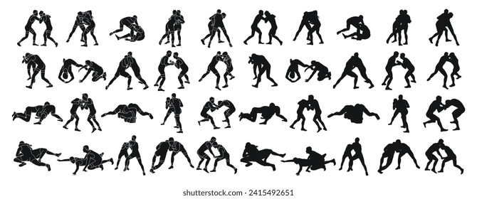 Set of silhouettes of active Greco Roman wrestling of two men, isolated vector