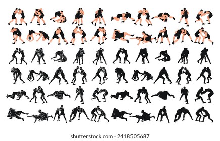 Set of silhouettes of active Greco Roman wrestling of two men, isolated vector