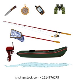 Set of silhouettes for an active lifestyle. For tourism and nature trips in good company of friends.
   spinning with the coil and baubles with hooks. Stylized wave of water.
For fishermen and shop