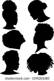 Set of silhouettes of African American women faces. Vector female icons. Isolated illustrations of different women. Diverse hairstyles. Vector