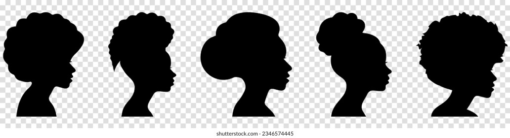 Set Silhouettes of African American women. Profile with various hairstyles. Vector illustration isolated on transparent background

