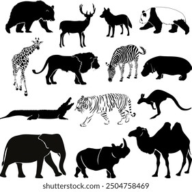 Set of silhouettes African animals on white background