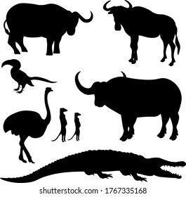 A set of silhouettes of African animals shrouds. Vector illustration on a black isolated background.