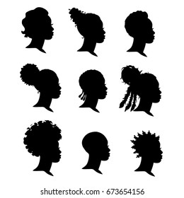 Set of silhouettes african female face over white background, vector.