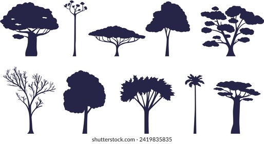 Set of silhouettes of African trees. Savannah vegetation.