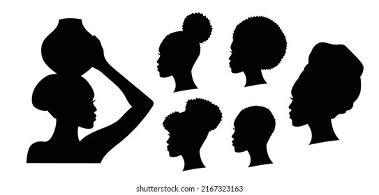 Set of silhouettes of an Afro American woman. African girl simple drawing. Isolated on white. Side profile.Vector illustration.