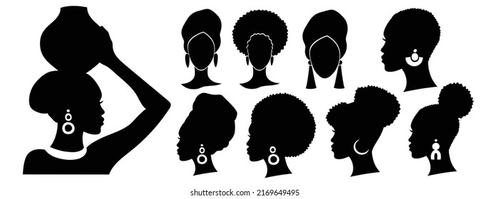 Set of silhouettes of an Afro American woman. African girl simple drawing. Isolated on white. Side profile.Vector illustration.