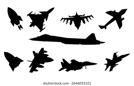 Set of silhouettes of airplanes,jets,rockets on white background