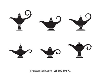 Set of silhouettes of Aladdin lamps, magic lamps