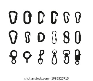 Set silhouettes of alpinist metal carabiners, climbing clasp locks. Elements equipment for outdoors activity in mountains, hiking or camping. Vector illustrations isolated on white