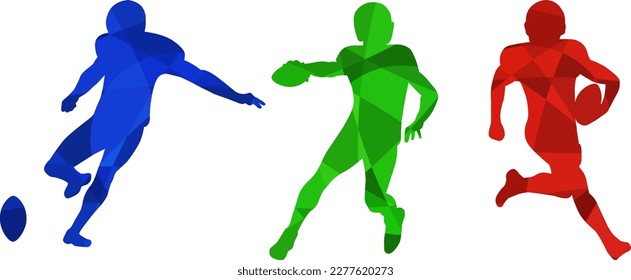 Set of silhouettes of American football players on white background. Isolated vector colored images. Abstract blue, green and red vector image of sportsmen.