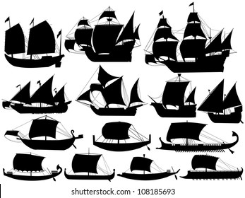 set of silhouettes of ancient sail boats