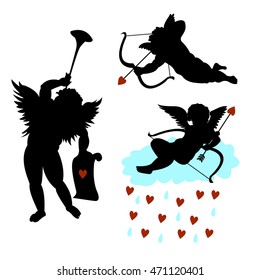 A set of silhouettes of angels cupids with bow and arrow, trumpet, and on the cloud with hearts. On a white background. Concept - love. Vector illustration.