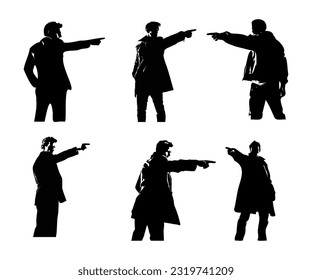 set of silhouettes of angry man, pointing finger, challenging