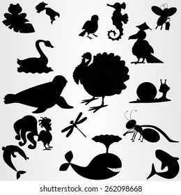 Set of the silhouettes with animals, birds, insects and fish. Monochrome vector.