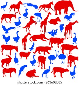 Set  silhouettes  animals and birds in the zoo collection. Vector illustration.