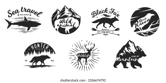 Set silhouettes with animals in vintage hand drawn style. Collection abstract composition isolated on white background. Monochrome template for tattoo, print, label, badge. Vector illustration.