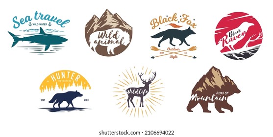 Set silhouettes with animals in vintage hand drawn style. Collection abstract composition isolated on white background. Color template for tattoo, print, label, badge. Vector illustration.