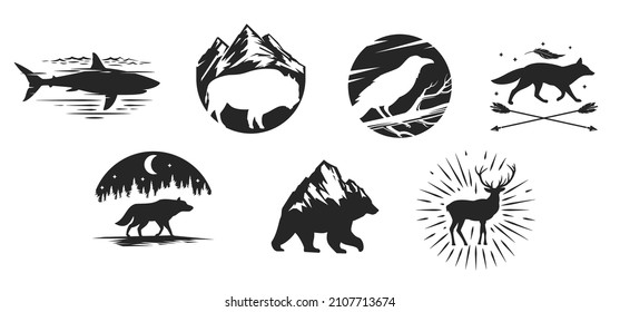 Set silhouettes with animals in vintage hand drawn style. Collection abstract composition isolated on white background. Monochrome template for tattoo, print, label, badge. Vector illustration.