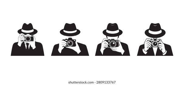 Set of silhouettes of anonymous photographers wearing fedora hats holding cameras in minimalist style.
