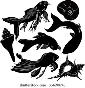 set of silhouettes of aquarium goldfish and shells