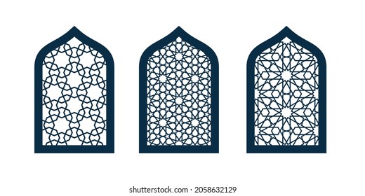 Set of silhouettes arabic doors or windows isolated on white background. Vector illustrations.