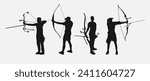 set of silhouettes of archery athletes with different poses, gestures. isolated on white background. vector illustration.