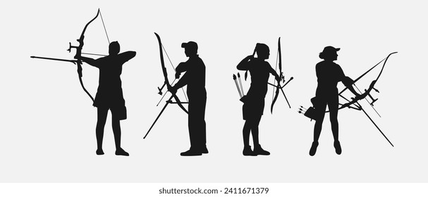 set of silhouettes of archery athletes with different poses, gestures. isolated on white background. vector illustration.