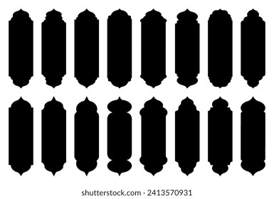 Conjunto de siluetas de arcos de diseño árabe. Colección de puertas y ventanas de estilo oriental. Ilustración vectorial aislada en fondo blanco.