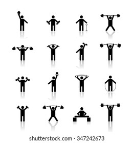 A set of silhouettes, athlete with mirror reflection trains in the gym, vector illustration.