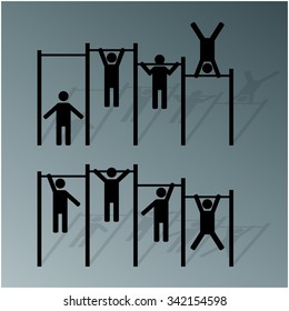 A set of silhouettes athlete with a shadow that will perform a variety of exercises on the horizontal bar, first part, vector illustration.