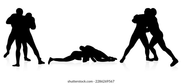 Set silhouettes athlete wrestler in wrestling, duel, fight, struggle, combating. Greco Roman wrestling, martial art, sportsmanship