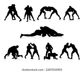 Set silhouettes athlete wrestler in wrestling, duel, fight, struggle, combating. Greco Roman wrestling, martial art, sportsmanship