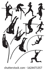 set of silhouettes of athletes high jump vector illustration