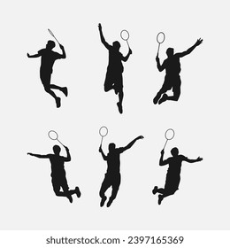 set of silhouettes of athletes or male badminton players doing jumping smash. isolated on white background. graphic vector illustration.