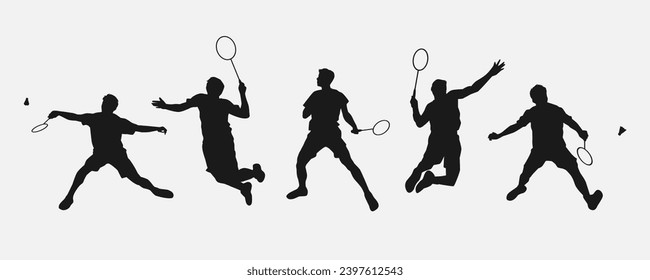 set of silhouettes of athletes or male badminton players. isolated on white background. graphic vector illustration.