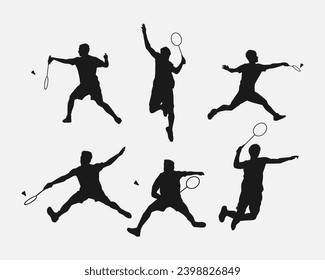 conjunto de siluetas de atletas o jugadores masculinos de bádminton. aislado de fondo blanco. ilustración vectorial gráfica.