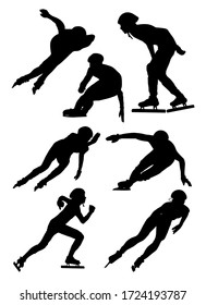 set of silhouettes of athletes short track speed skating vector illustration