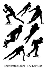 set of silhouettes of athletes short track speed skating vector illustration
