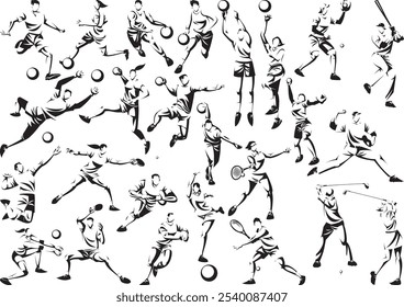 Set of silhouettes of athletes in various sports (ball games)